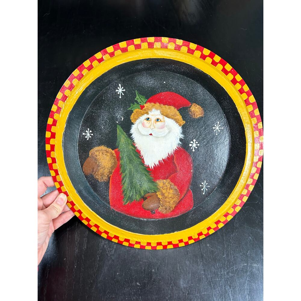 Vintage Circular Paper Mache- Painted Retro Santa- Red Yellow Black- Some wear